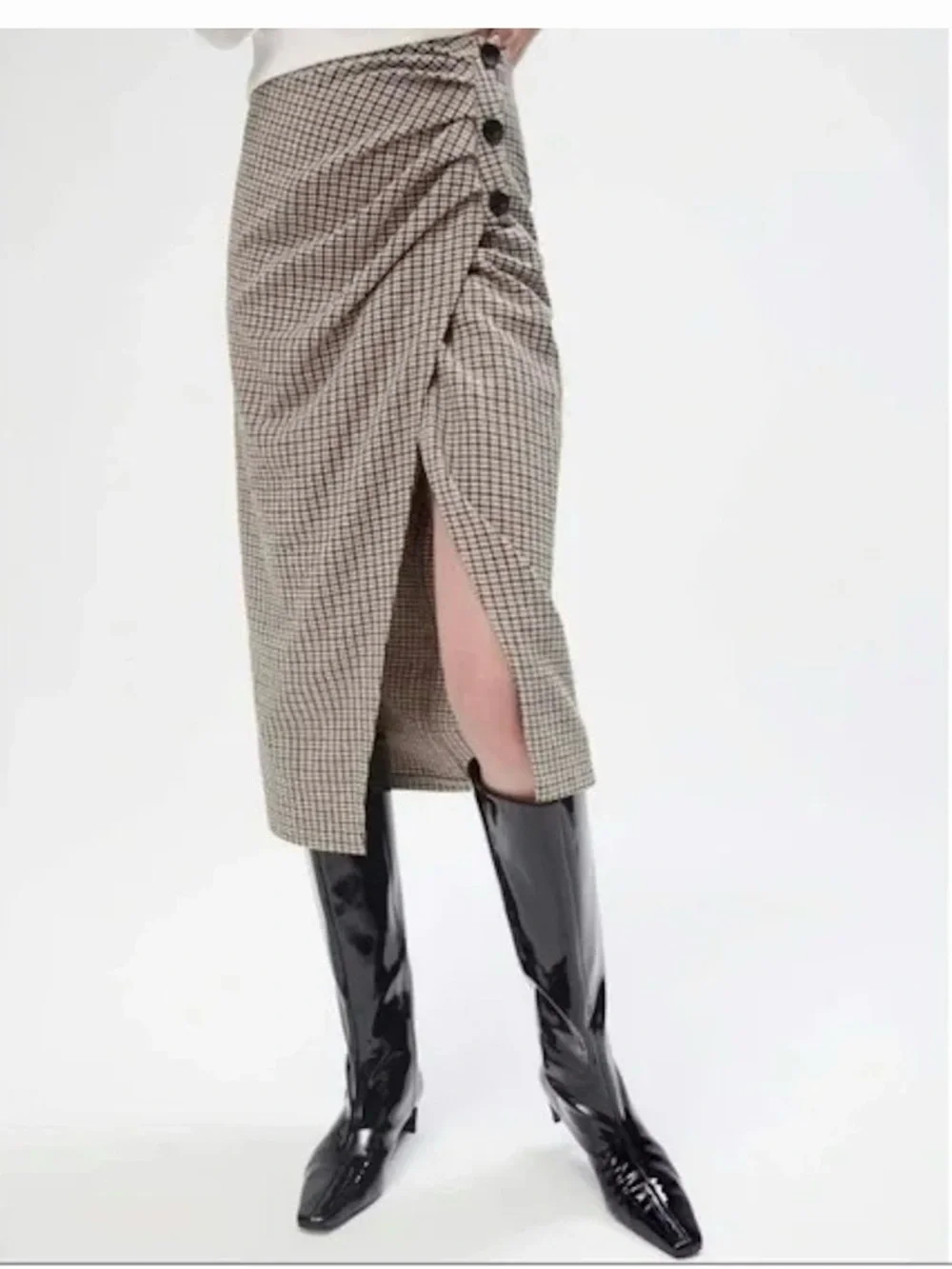 Zara‎ Wrap Buttons Pencil Skirt Plaid Houndstooth Check Size M NWOT